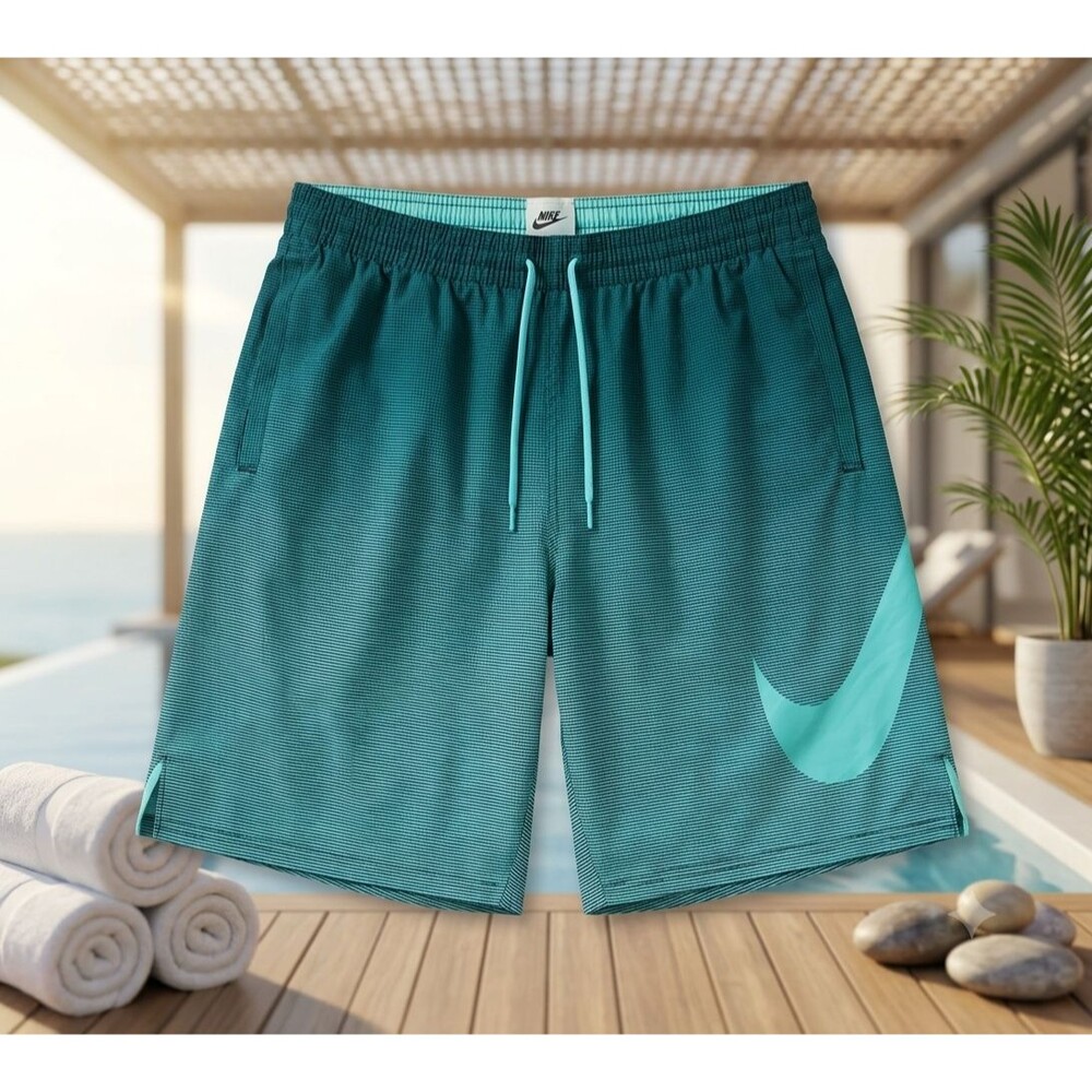 Nike Mens Swim Trunk XL Green Teal Gradient Pockets Drawstring Swoosh Boardshort